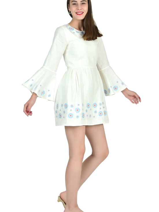 Fanm Mon Dresses & Skirts - Fanm Mon White Mini Dress with Blue & Pink Floral Embroidery